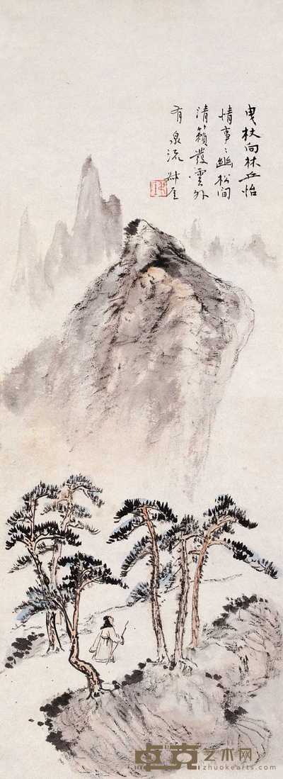 钱瘦铁 秋林策杖 镜心 72×25cm